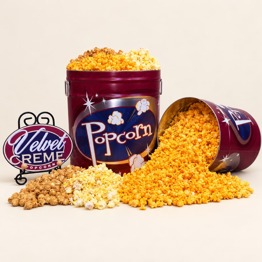 Classic Velvet Creme tins with butter, cheese, and carmel popcorn