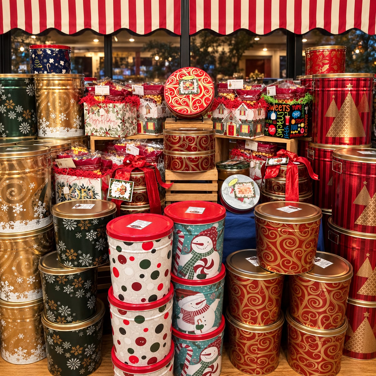 Holiday popcorn tins and snack gifts on display in the Westwood shop