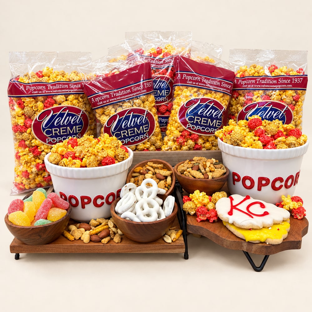 Assorted Velvet Creme popcorn, snack mixes, candies, and sweets